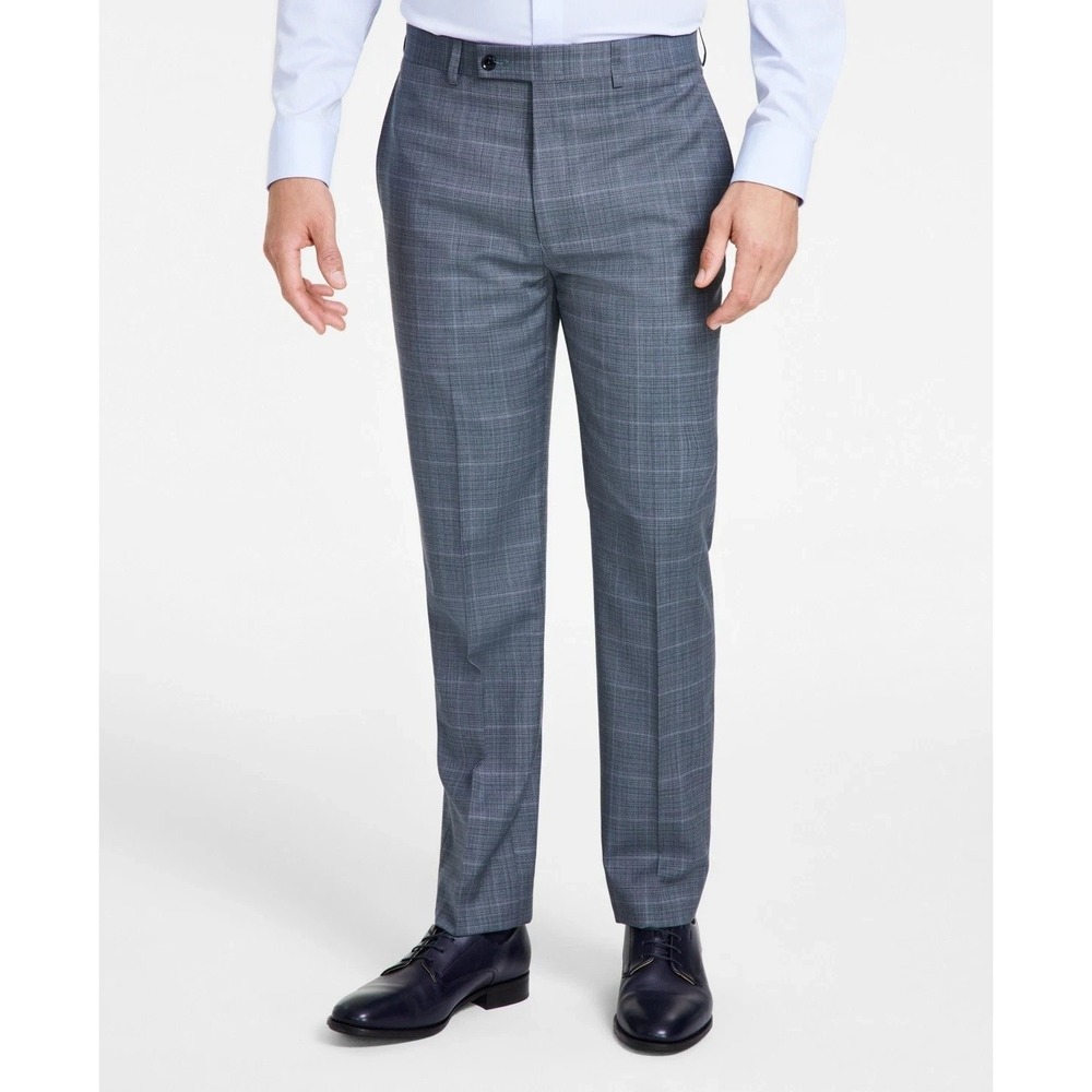 Calvin Klein Mens Slim-fit Dress Pants Stretch 33W 32L Grey Green Plaid